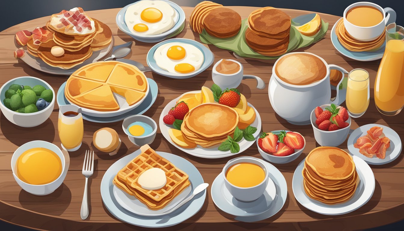 A table set with a variety of breakfast dishes from different regions, including pancakes, waffles, bacon, eggs, and fruits, surrounded by a cozy and inviting atmosphere