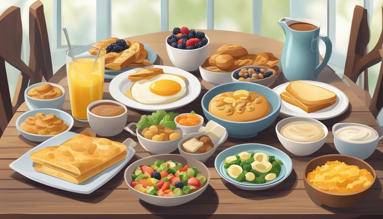 A breakfast table with a variety of food items, including gluten-free, dairy-free, and vegetarian options