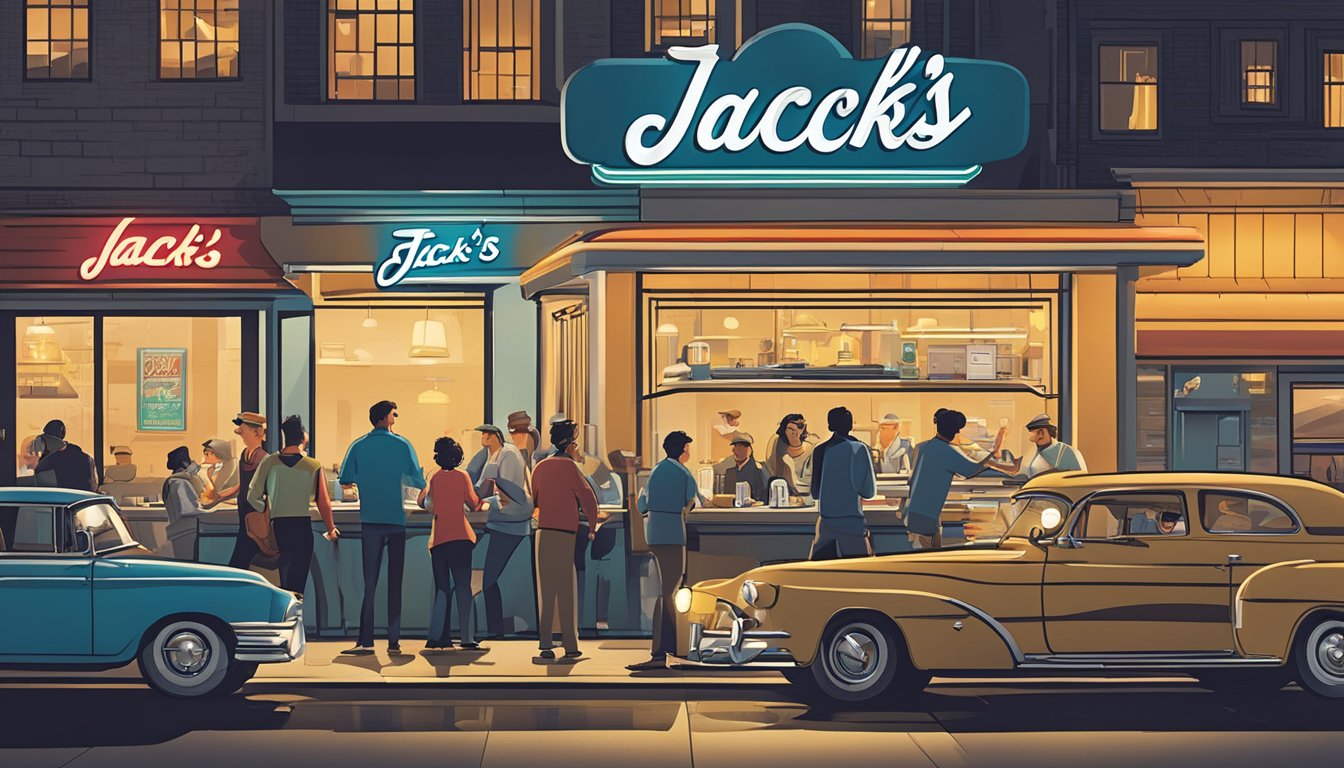 A bustling late-night diner with customers enjoying a hearty breakfast menu, while the iconic Jack's logo shines brightly outside