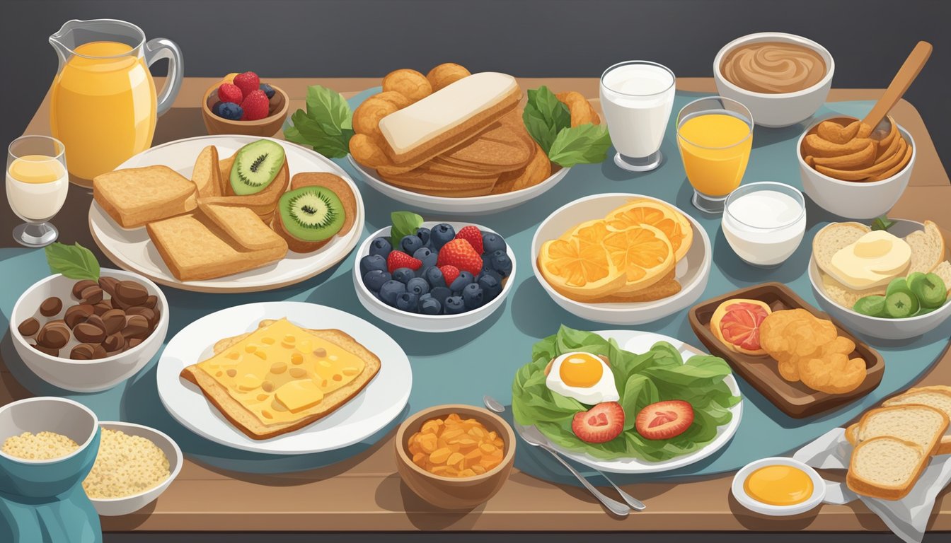 A table set with a variety of breakfast foods, including options for different dietary restrictions such as gluten-free, vegan, and low-carb