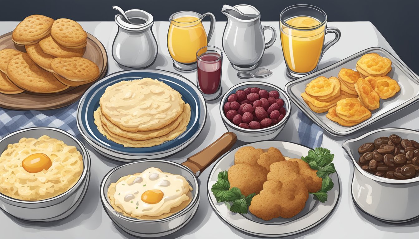 A table set with a variety of regional breakfast sides, including biscuits, gravy, grits, and fruit