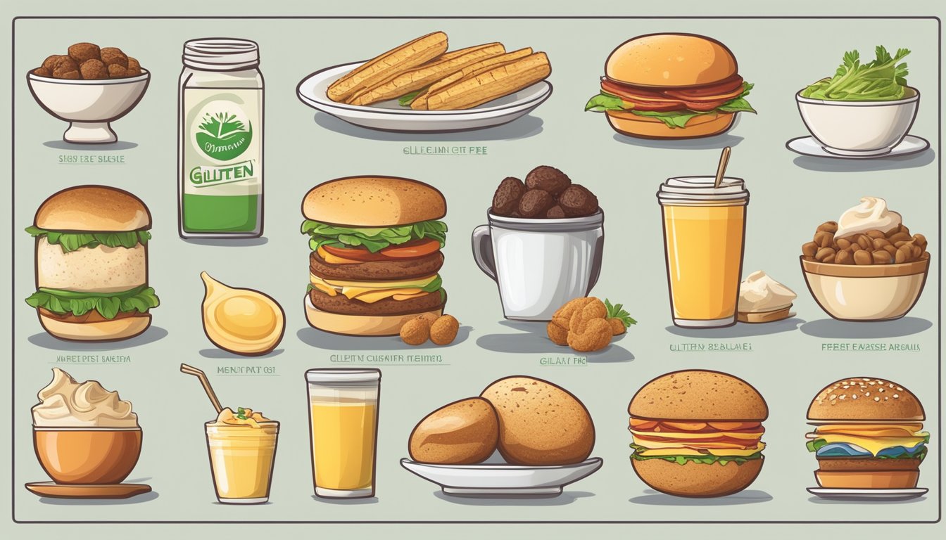 A variety of food items labeled with dietary symbols, such as gluten-free, vegan, and dairy-free, displayed on a breakfast menu board