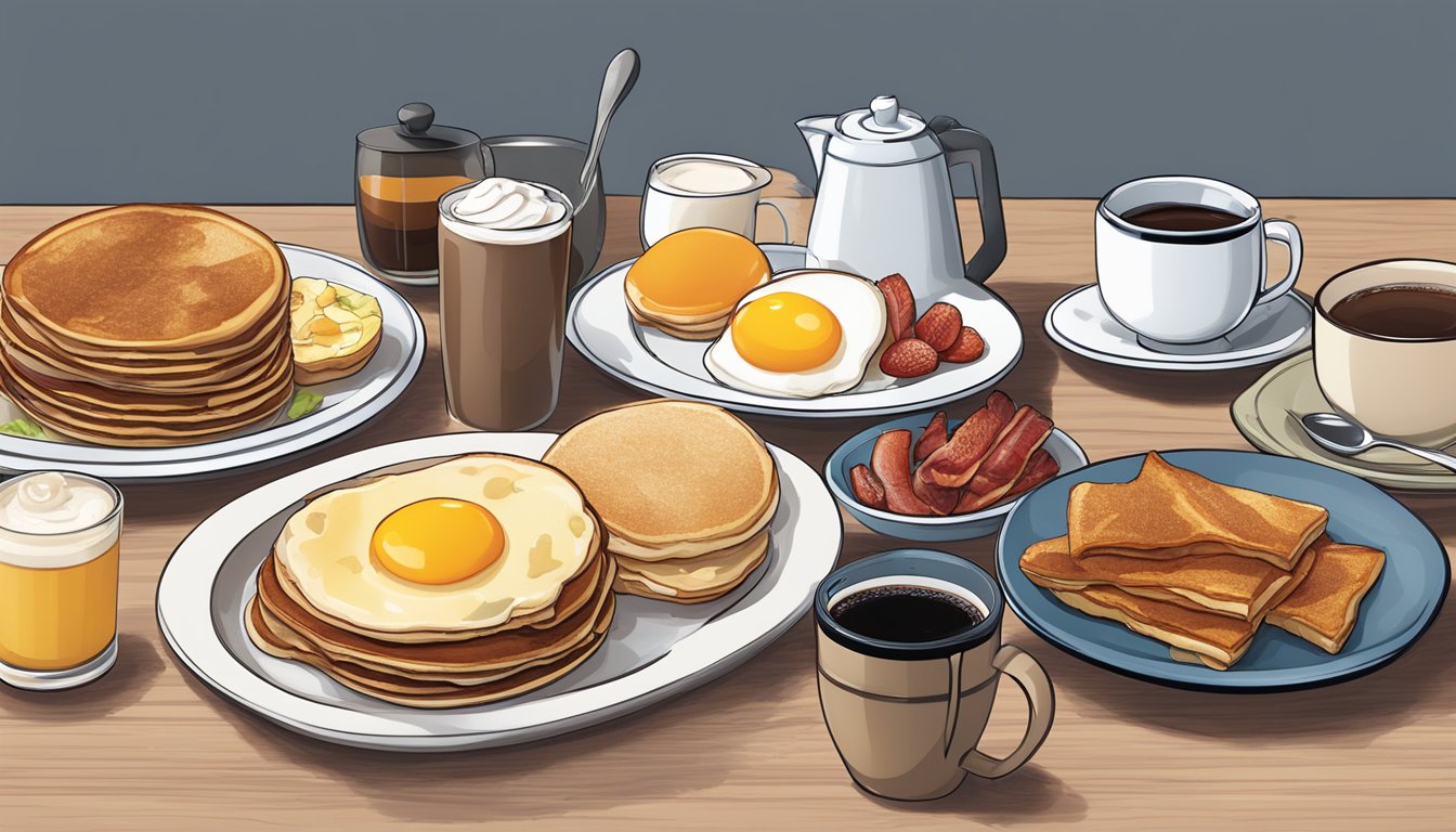 A spread of regional breakfast dishes from Jack's menu, including pancakes, eggs, and bacon, with a side of fresh fruit and a steaming cup of coffee