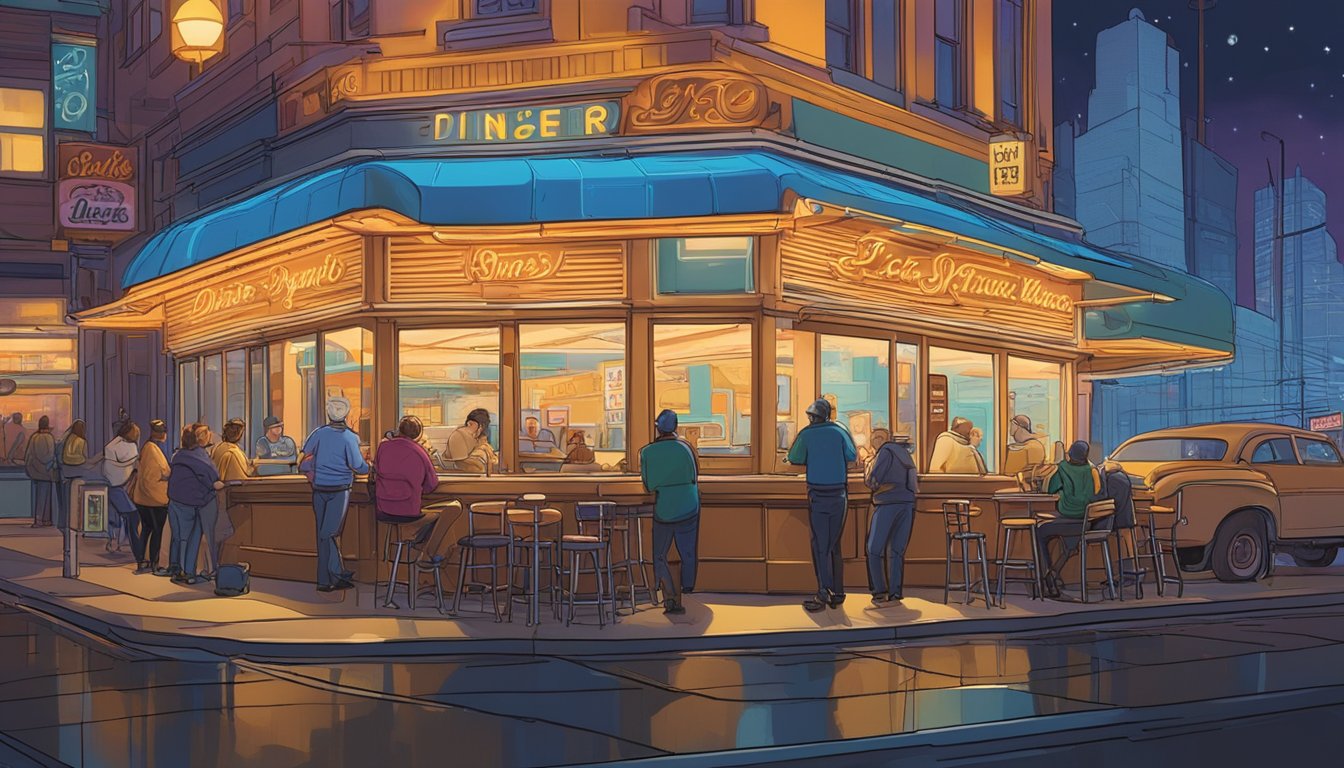 The bustling diner, bathed in the glow of neon signs, is filled with late-night patrons savoring Jack's famous breakfast dishes. A warm and inviting atmosphere permeates the scene, as the crowd enjoys their beloved late-night tradition