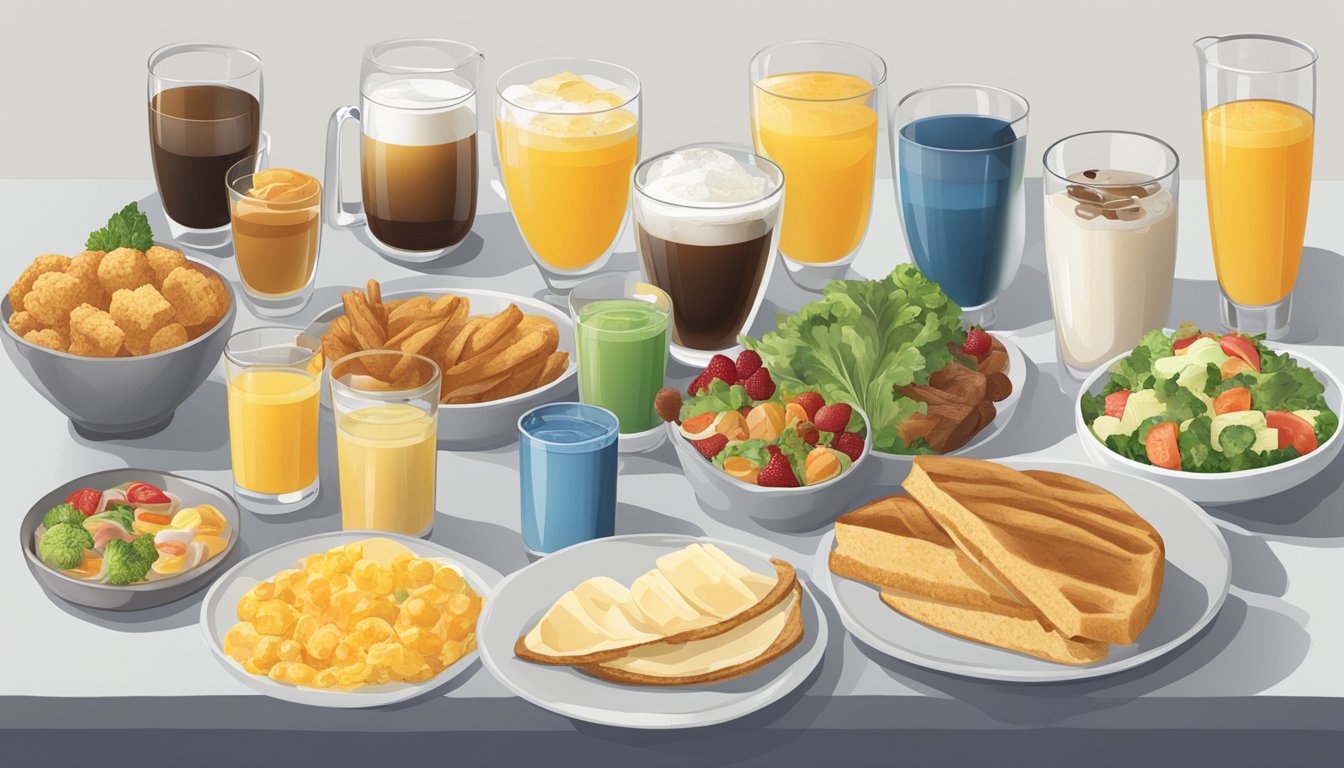 A variety of beverages and sides arranged on a breakfast menu, including options for various dietary restrictions