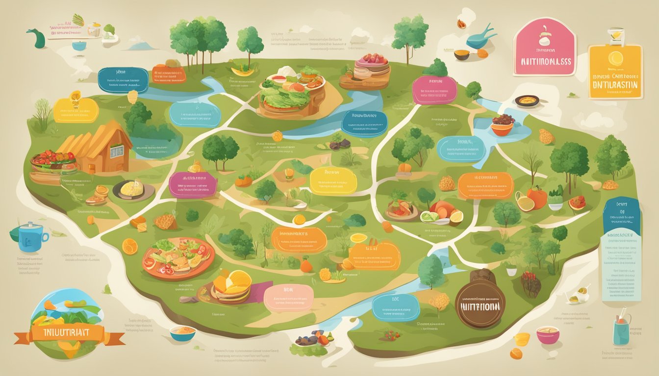 A colorful map of the region with various food icons and nutritional information displayed alongside each dish