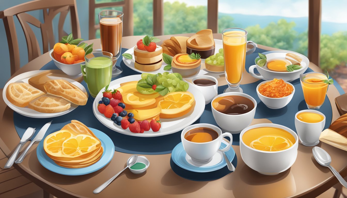 A table set with various regional breakfast beverages, including coffee, tea, and fruit juices, surrounded by regional food items