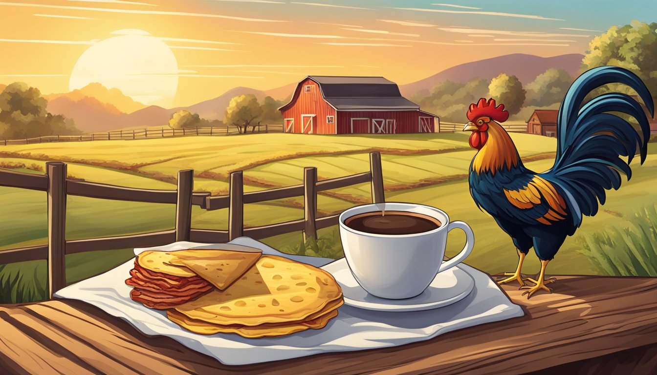 A sun rising over a farm with a rooster crowing, a tortilla being filled with eggs, bacon, and cheese, and a steaming cup of coffee on the side