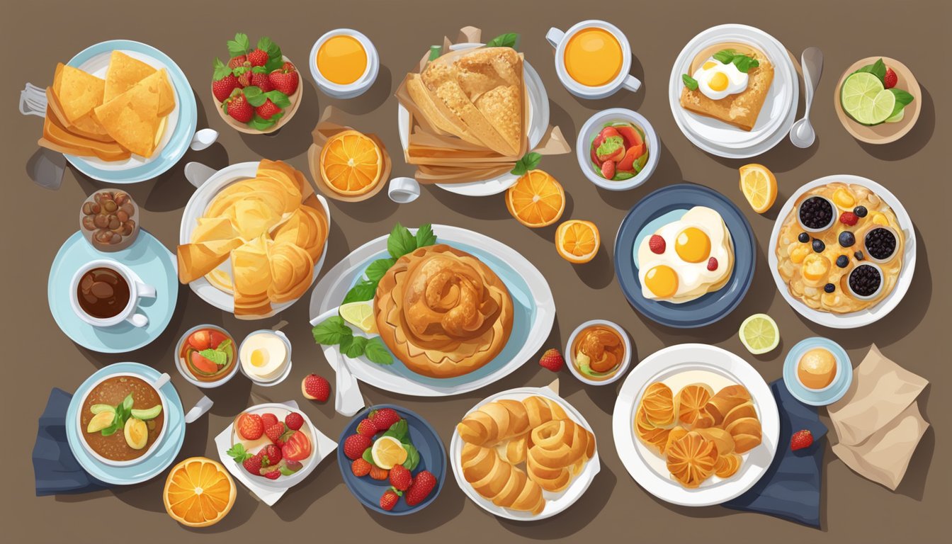 A table set with a variety of regional breakfast dishes, including pastries, fruits, and traditional breakfast items from different cultures