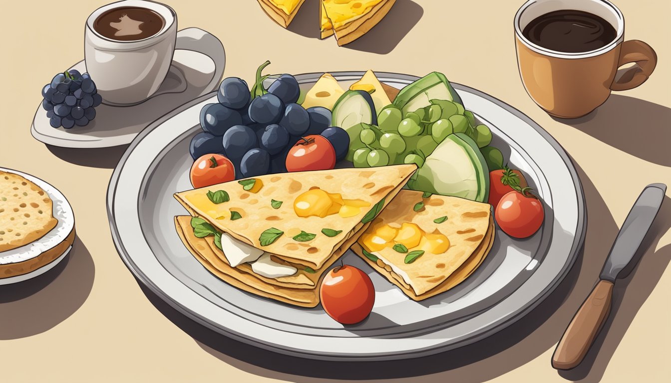 A tortilla filled with eggs, cheese, and vegetables, surrounded by a cup of coffee and a side of fresh fruit on a plate