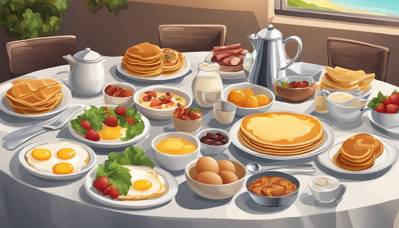 A table set with a variety of regional breakfast dishes, including pancakes, eggs, bacon, and fruit. Regional decor and ingredients add to the ambiance