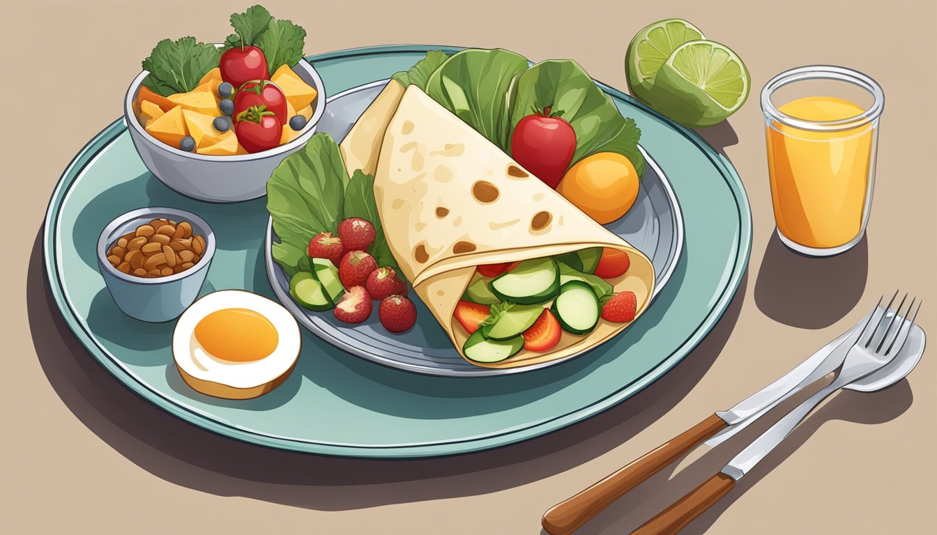 A breakfast spread with a tortilla wrap, sliced vegetables, and a side of fruit on a plate