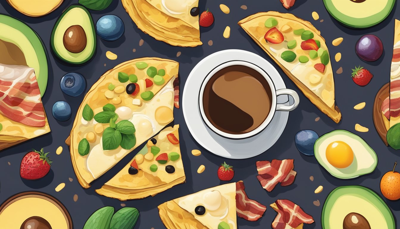 A tortilla filled with eggs, bacon, cheese, and avocado, surrounded by a steaming cup of coffee and a colorful array of fresh fruits