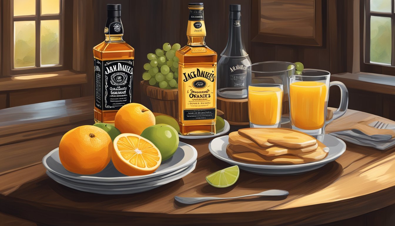 A rustic breakfast table with a glass of orange juice and a bottle of Jack Daniel's, surrounded by fresh fruit and a warm, inviting ambiance