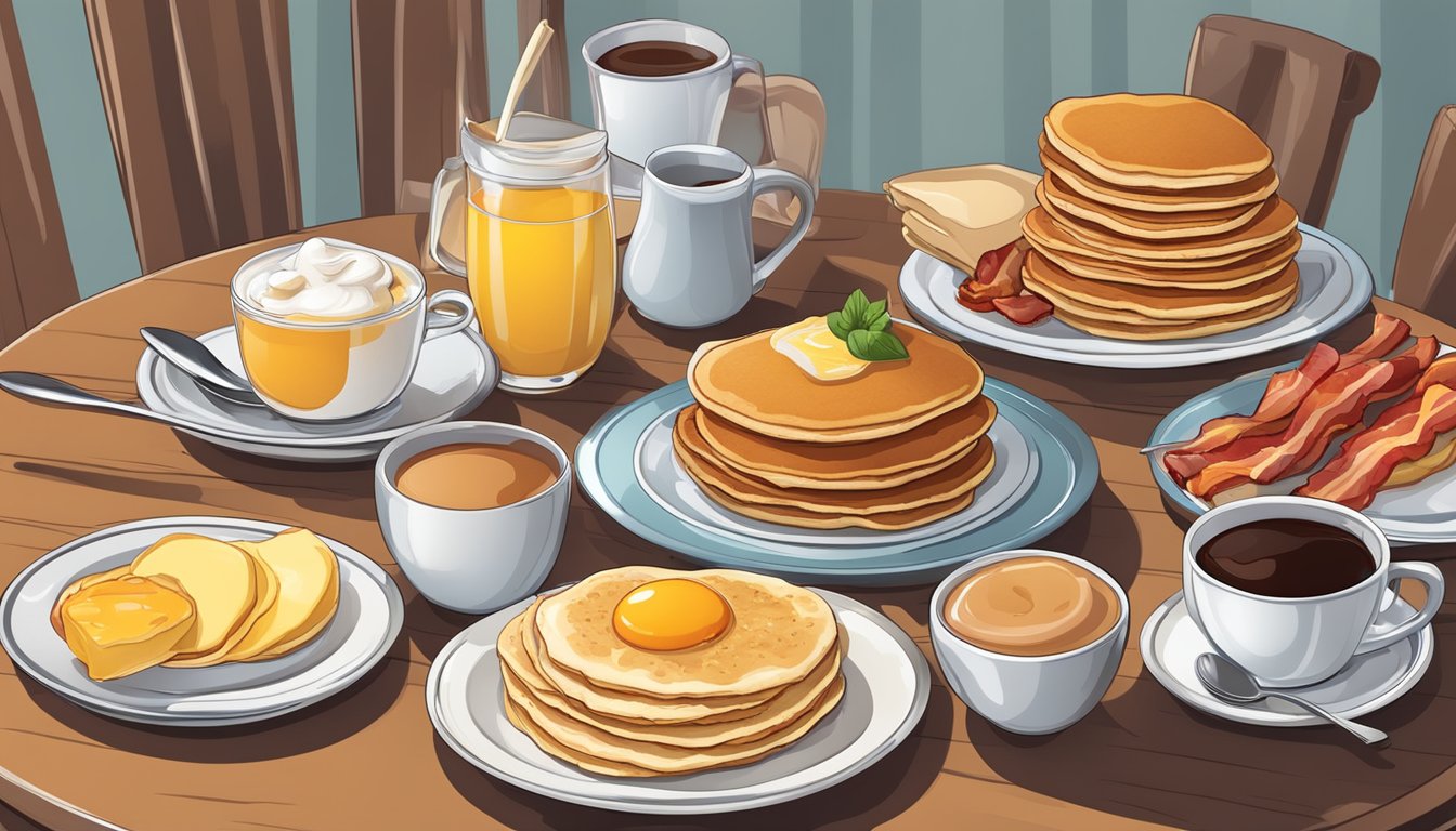 A table set with a variety of breakfast items, including pancakes, eggs, bacon, fruit, and coffee, arranged neatly with a menu and condiments