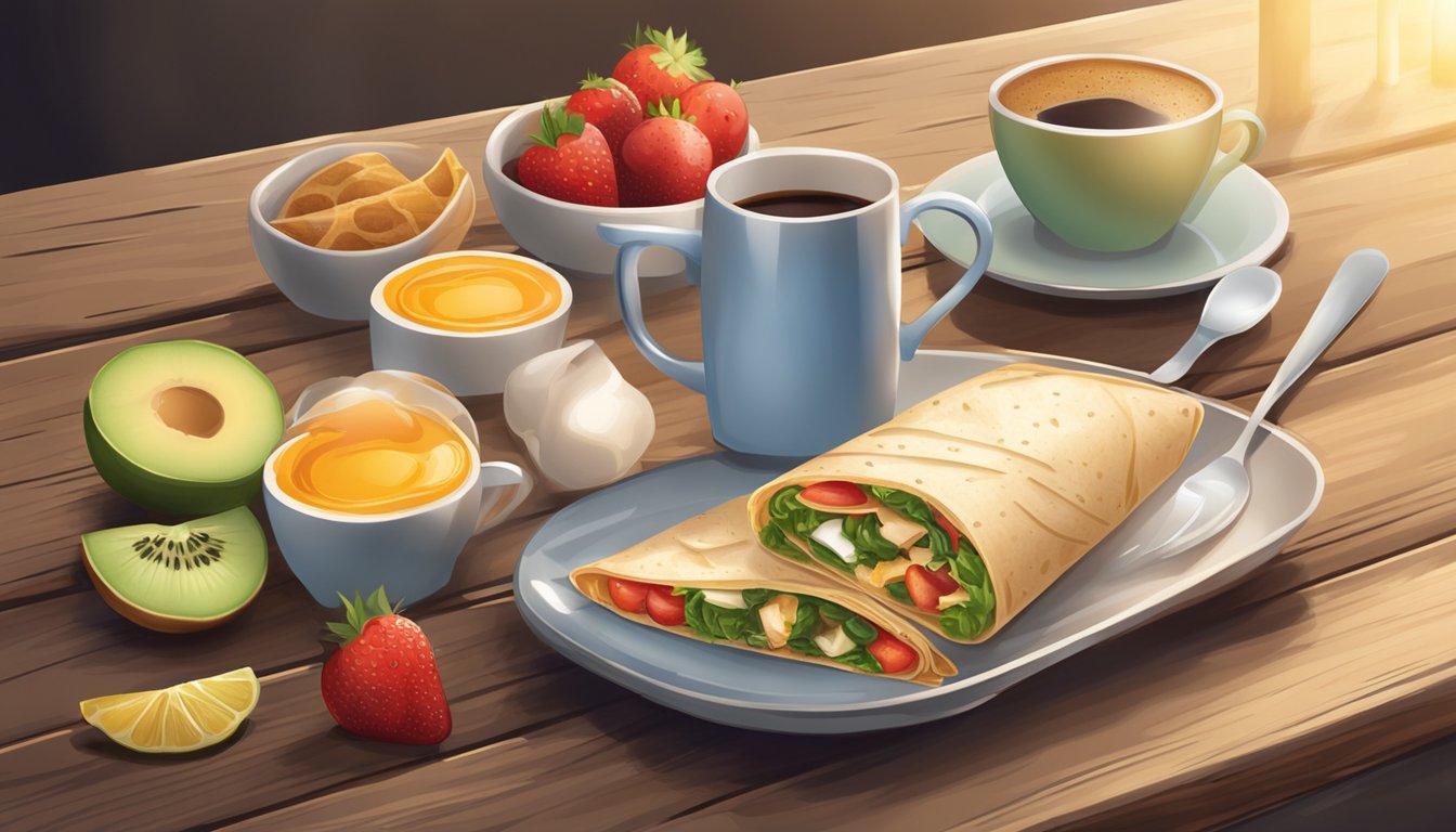 A steaming breakfast wrap surrounded by a cup of coffee and fresh fruit on a wooden table