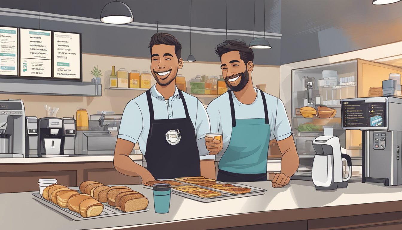 A smiling Jack's employee taking a customer's breakfast order at the counter, with a menu board and coffee machine in the background