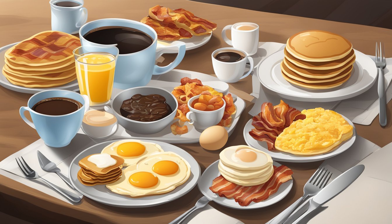 A table set with a variety of breakfast items, including pancakes, eggs, bacon, and coffee, with a Jack's Special Offers sign displayed prominently