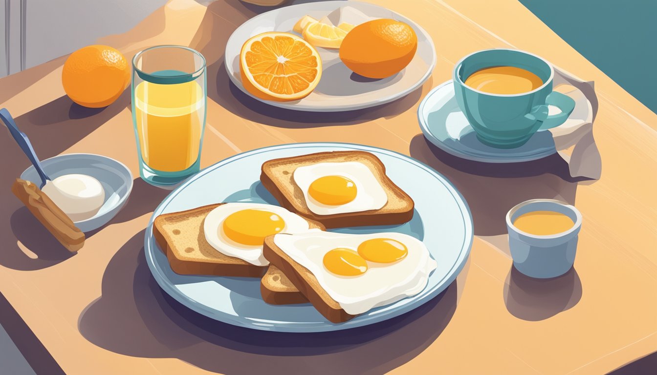 A plate of eggs, toast, and fruit sits next to a glass of freshly squeezed orange juice on a breakfast table