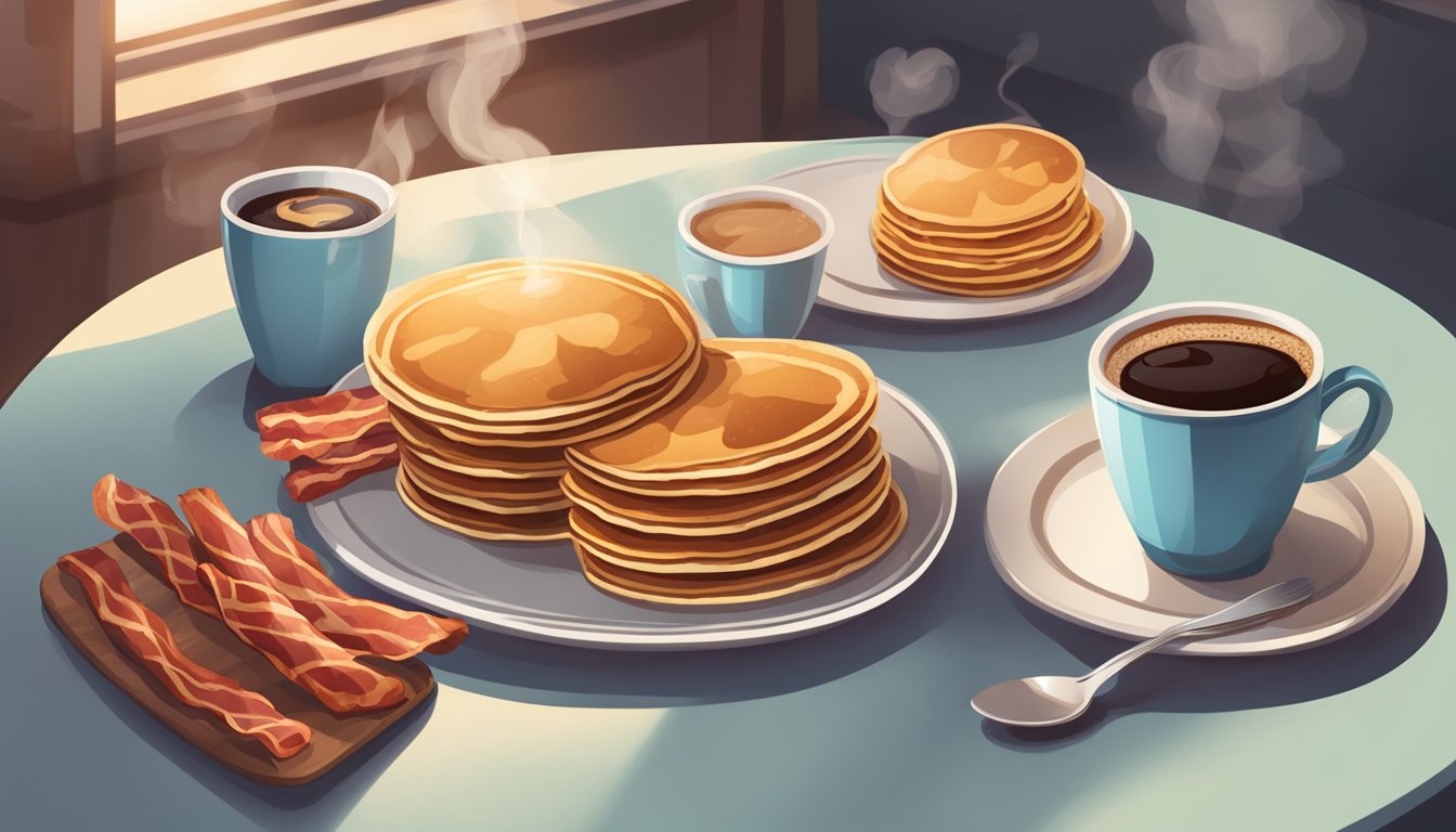 A table set with a steaming cup of coffee, a plate of pancakes, and a side of crispy bacon, all surrounded by a cozy diner atmosphere