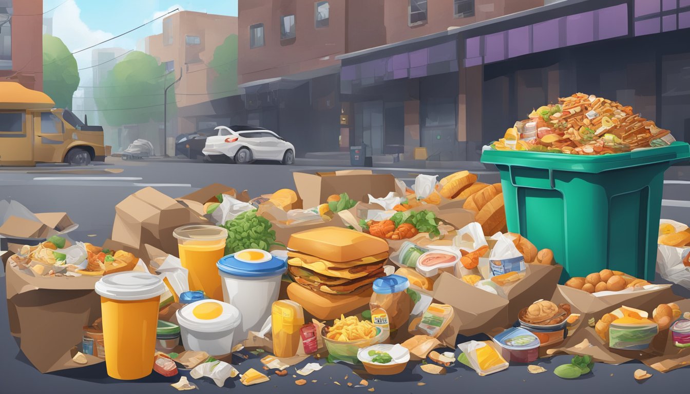 A pile of discarded breakfast packaging, surrounded by various types of food waste, with a backdrop of overflowing trash bins and polluted surroundings