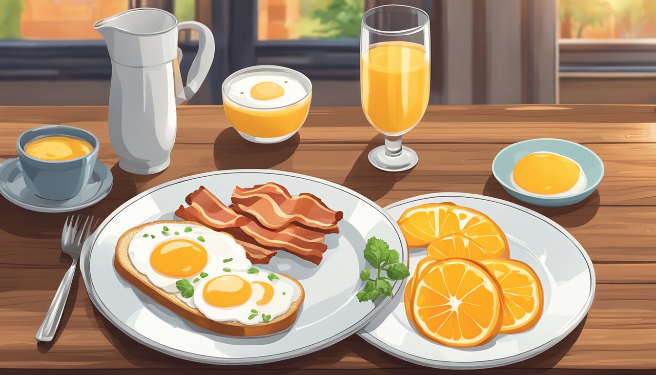 A plate of eggs, toast, and bacon sits next to a tall glass of freshly squeezed orange juice on a wooden breakfast table