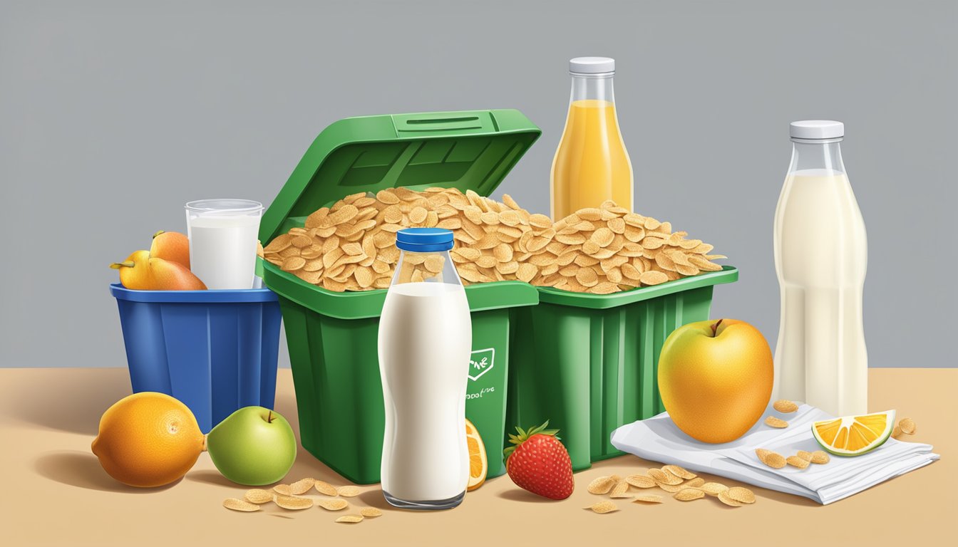 A table with cereal box, milk carton, and fruit peel in a recycling bin