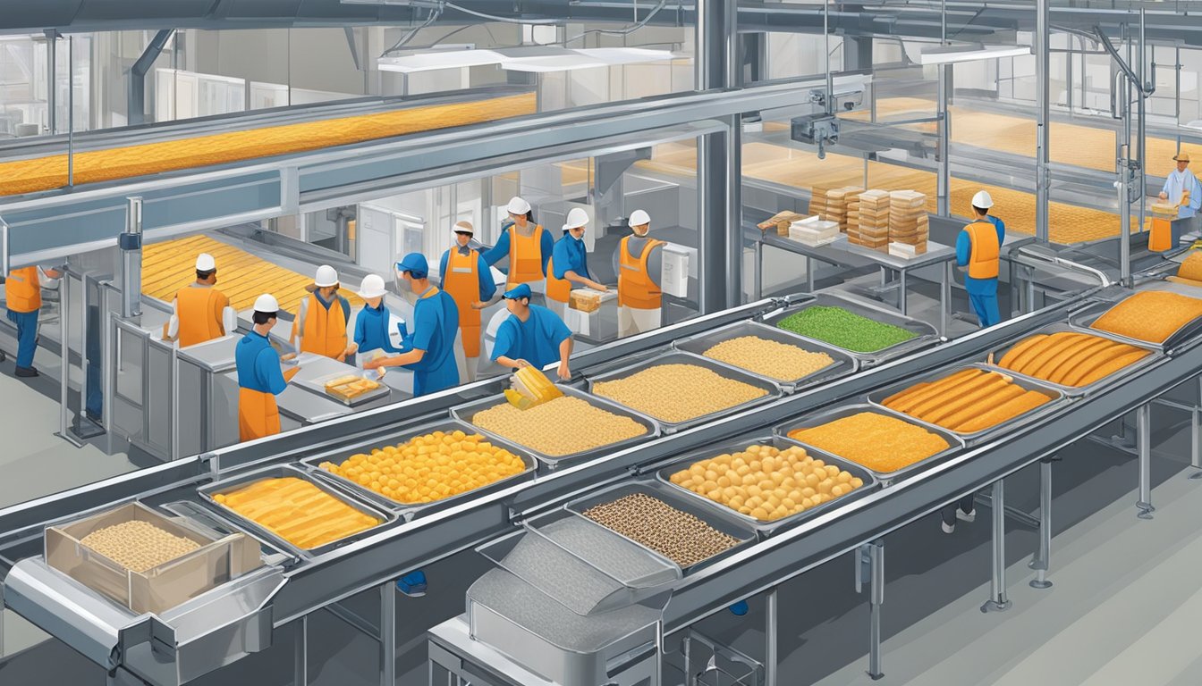 A conveyor belt moves packaged breakfast items through a factory, with workers conducting environmental impact assessments