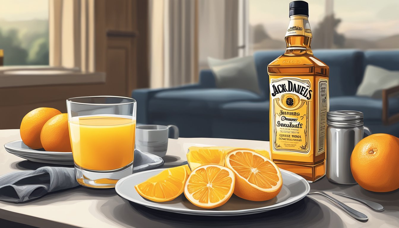 A glass of orange juice sits next to a plate of breakfast food with a bottle of Jack Daniel's in the background