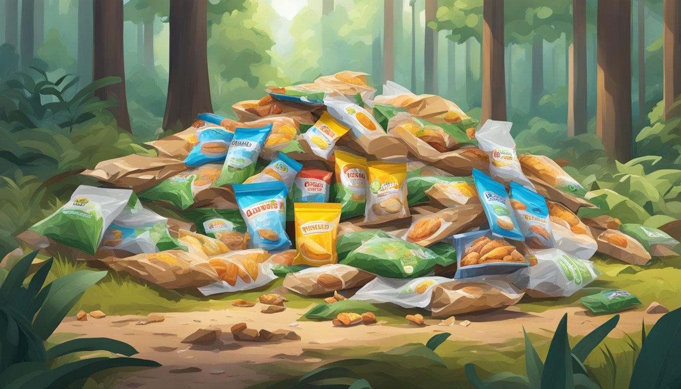 A pile of discarded breakfast packaging litters a serene forest clearing, disrupting the natural beauty with its plastic and cardboard waste