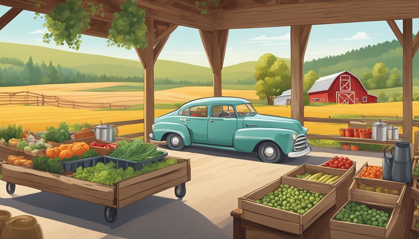 A rustic farm with rolling fields and a red barn, a drive-thru window with a line of cars, and a chef preparing fresh ingredients