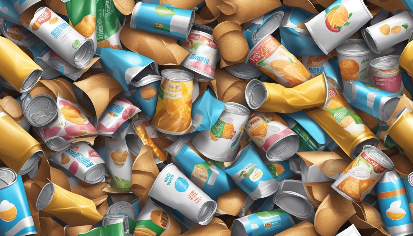 A mountain of discarded breakfast packaging overflows from a trash can, spilling onto the ground with scattered food wrappers and plastic containers