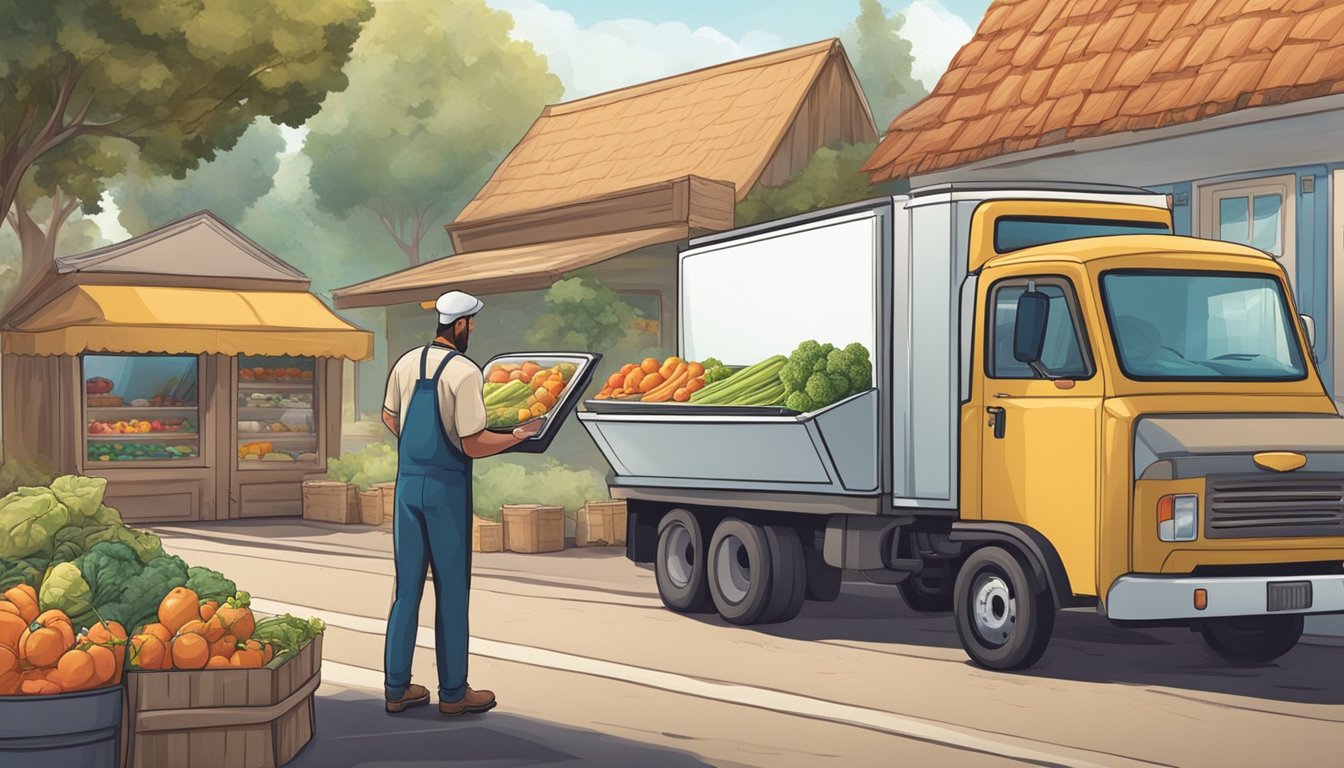 A farmer picking fresh produce, a truck transporting goods, a chef using a tablet to order ingredients, and a drive-thru window with a digital menu