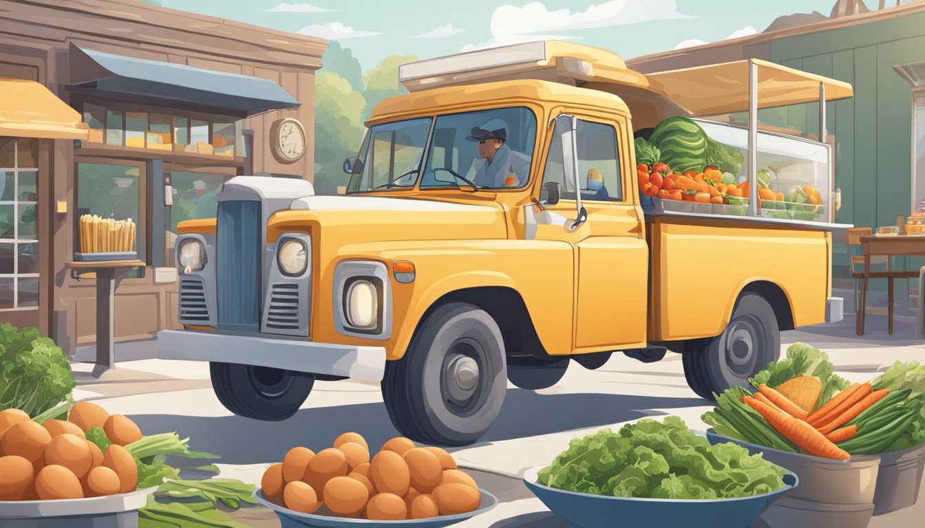 A farmer harvesting fresh eggs and vegetables, a delivery truck parked at a drive-thru, and a chef cooking breakfast in a bustling restaurant kitchen