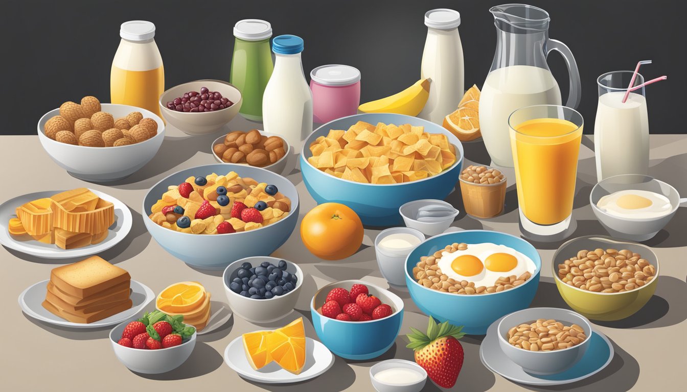 A table with a variety of breakfast items and their corresponding packaging, including cereal boxes, milk cartons, and fruit containers