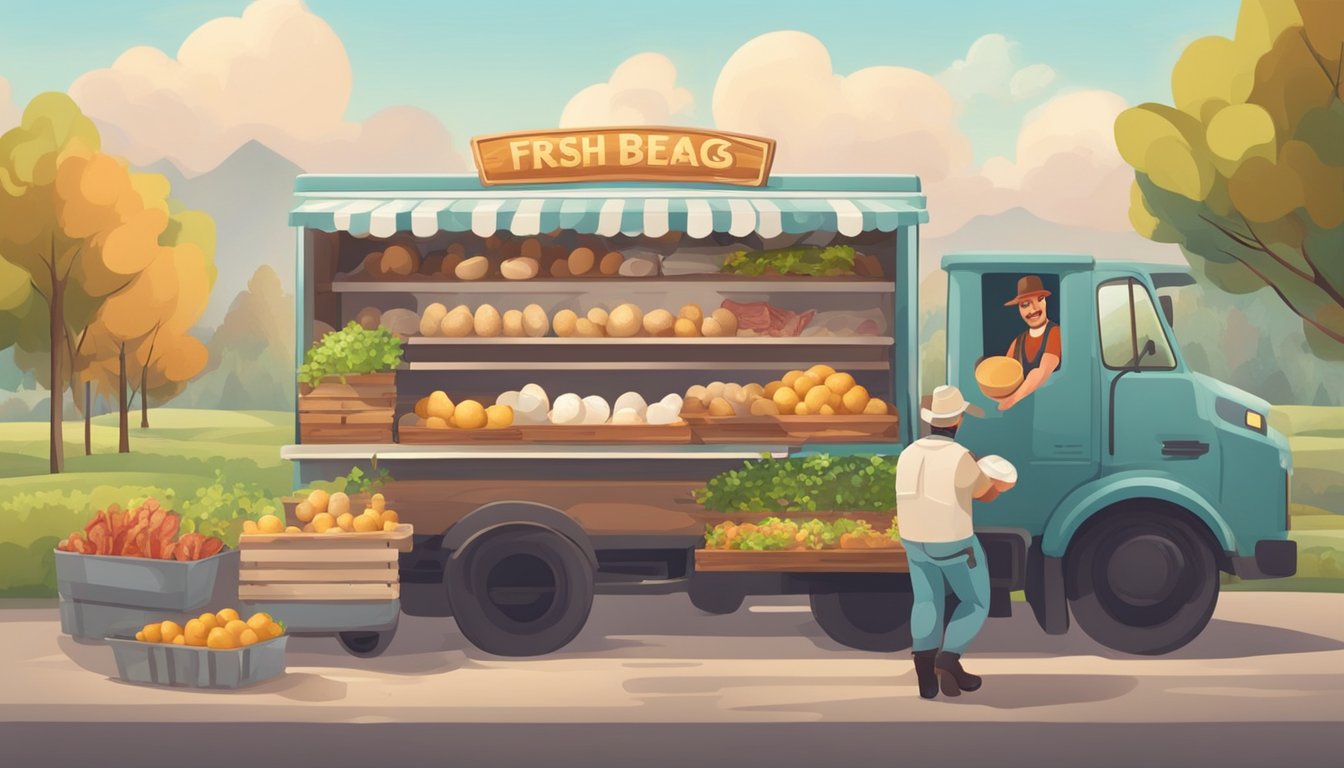 A farmer gathers fresh eggs, bacon, and potatoes. A truck delivers the ingredients to a fast-food restaurant