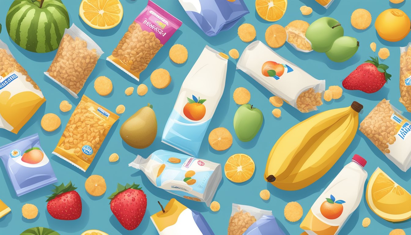 A table with a cereal box, milk carton, and fruit in plastic packaging, surrounded by scattered plastic wrappers and empty containers