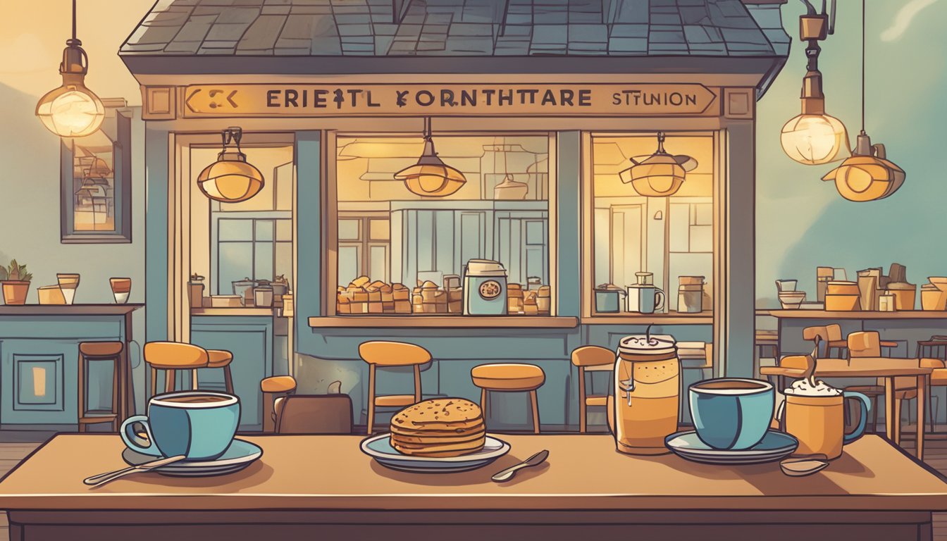 A cozy cafe with a steaming mug and a plate of breakfast food on a table, surrounded by cheerful decor and a sign promoting the loyalty program