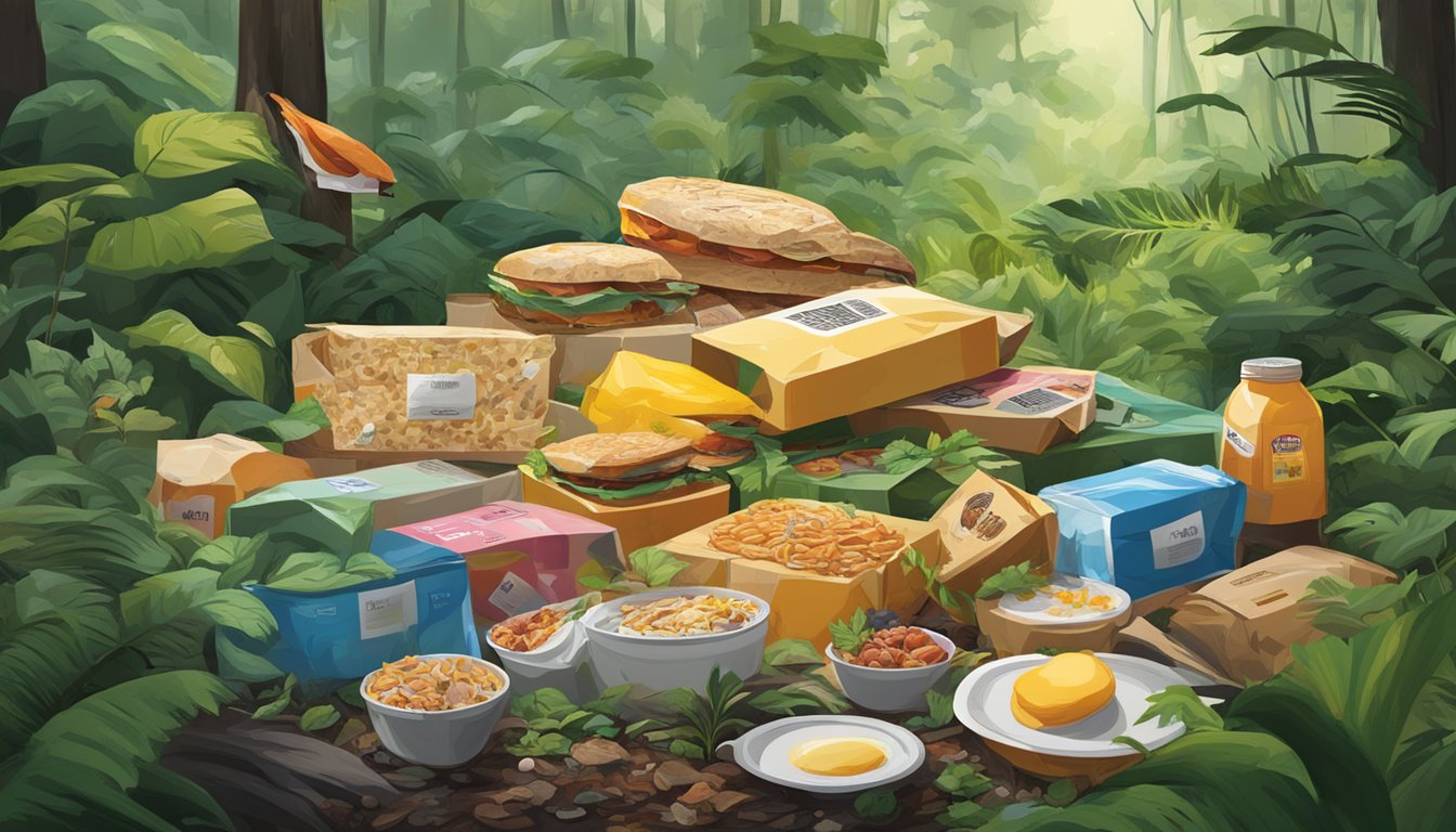 A pile of discarded breakfast packaging sits amidst a lush forest, with wildlife and plants affected by the environmental impact