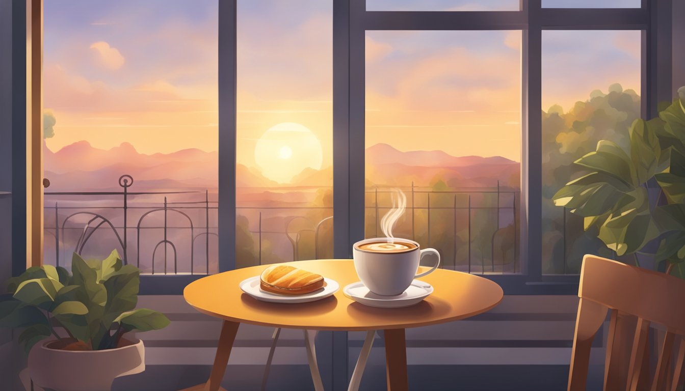 A sunrise over a cozy cafe with a steaming cup of coffee and a plate of breakfast food on a table