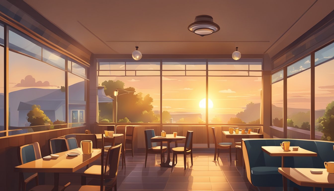 A sunrise over a quaint diner with a steaming cup of coffee and a plate of breakfast on a table, surrounded by a warm and inviting atmosphere