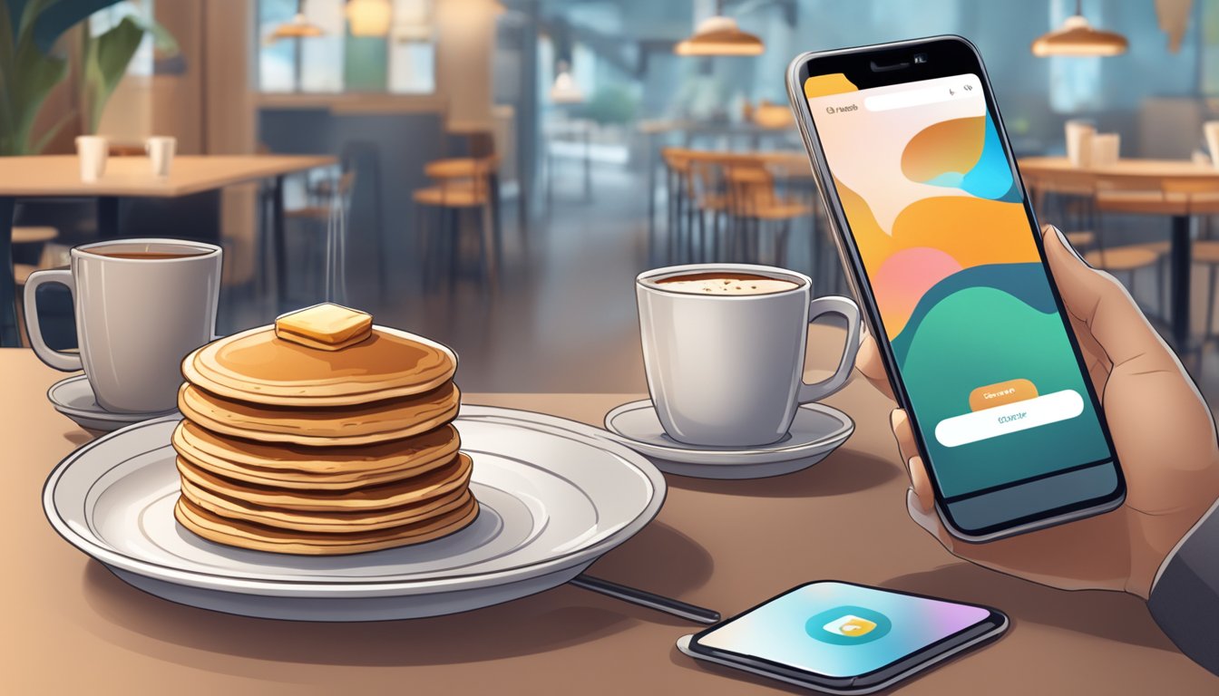 A cozy cafe with a steaming cup of coffee, a plate of pancakes, and a smartphone displaying the Rewards App homepage