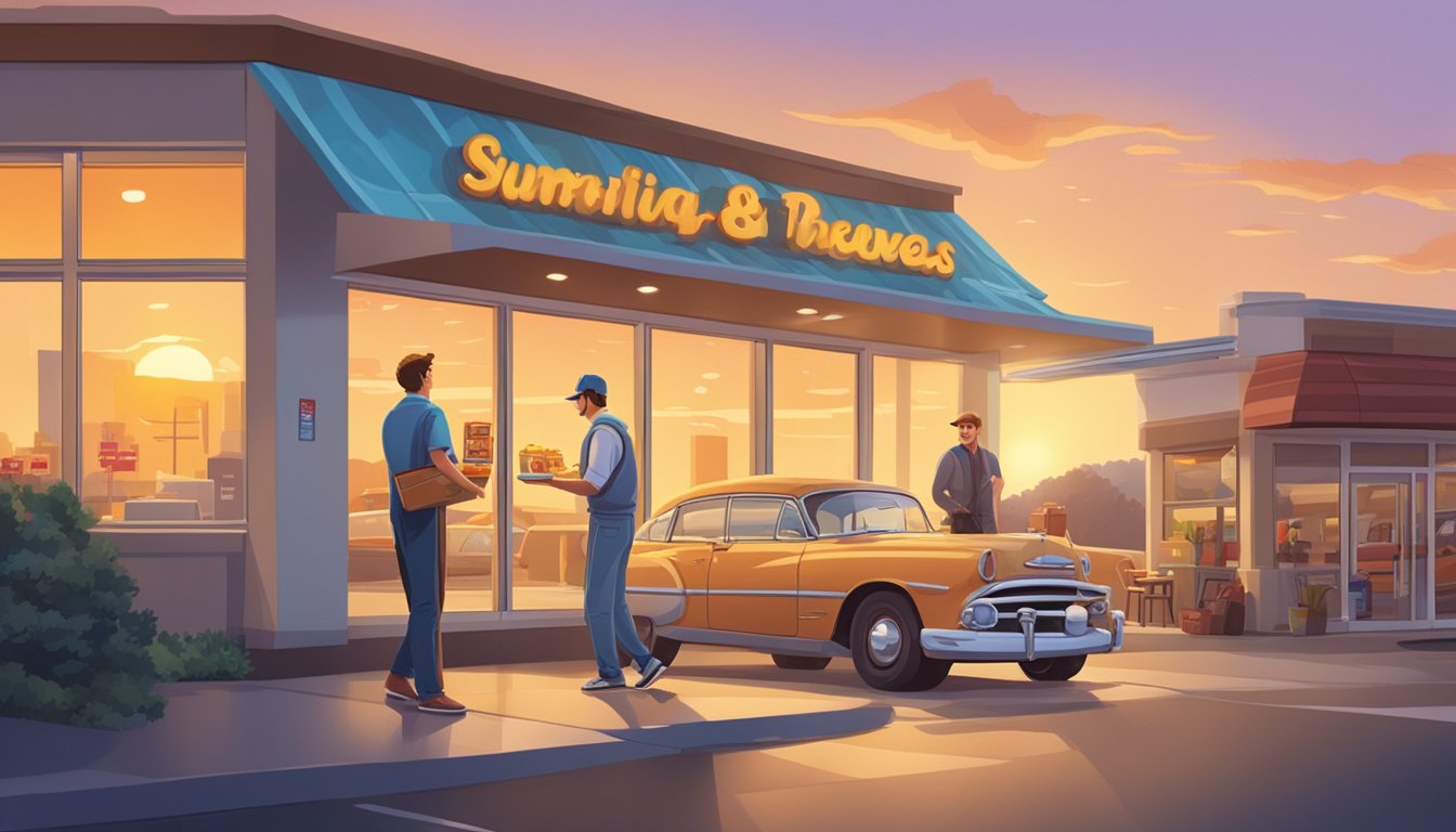 A car pulls up to a drive-thru window with a smiling employee handing over a bag of breakfast items. The sun is rising in the background, casting a warm glow over the scene