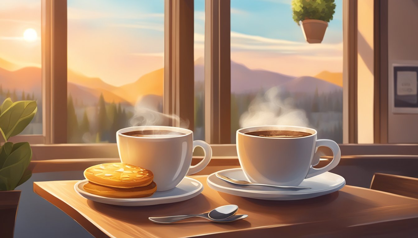 A sunrise over a cozy café with a steaming cup of coffee and a plate of breakfast on a table. A loyalty card is displayed prominently