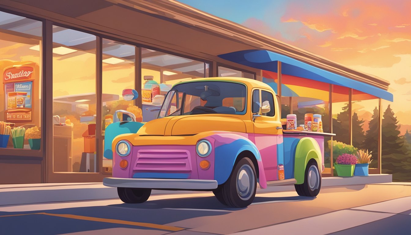 A car pulls up to a colorful drive-thru window with a smiling employee handing out a bag of breakfast items. The sun is rising in the background, casting a warm glow over the scene