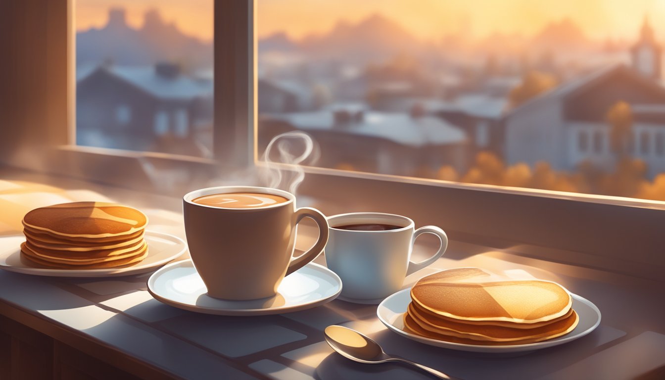 A cozy breakfast scene with a steaming cup of coffee, a plate of pancakes, and a loyalty card on the table. Sunrise streams through the window, casting a warm glow