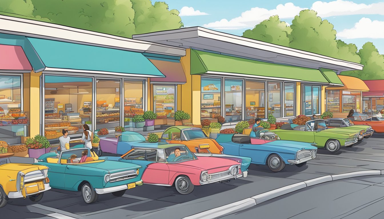 A bustling drive-thru with a variety of breakfast options displayed on colorful menu boards, as cars line up to place their orders