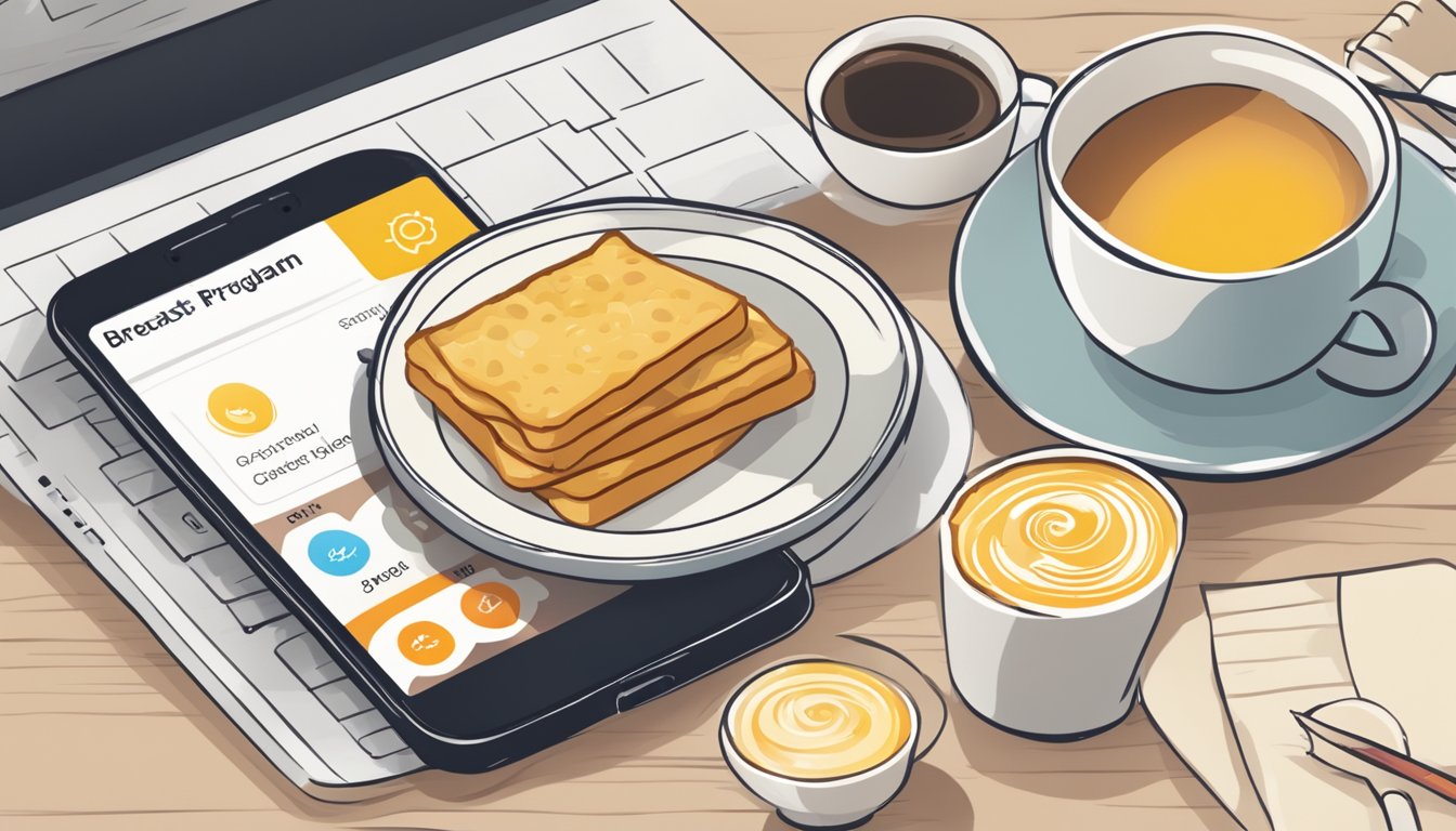 A smartphone displaying a breakfast loyalty program app with a sunrise background, coffee cup, and breakfast items