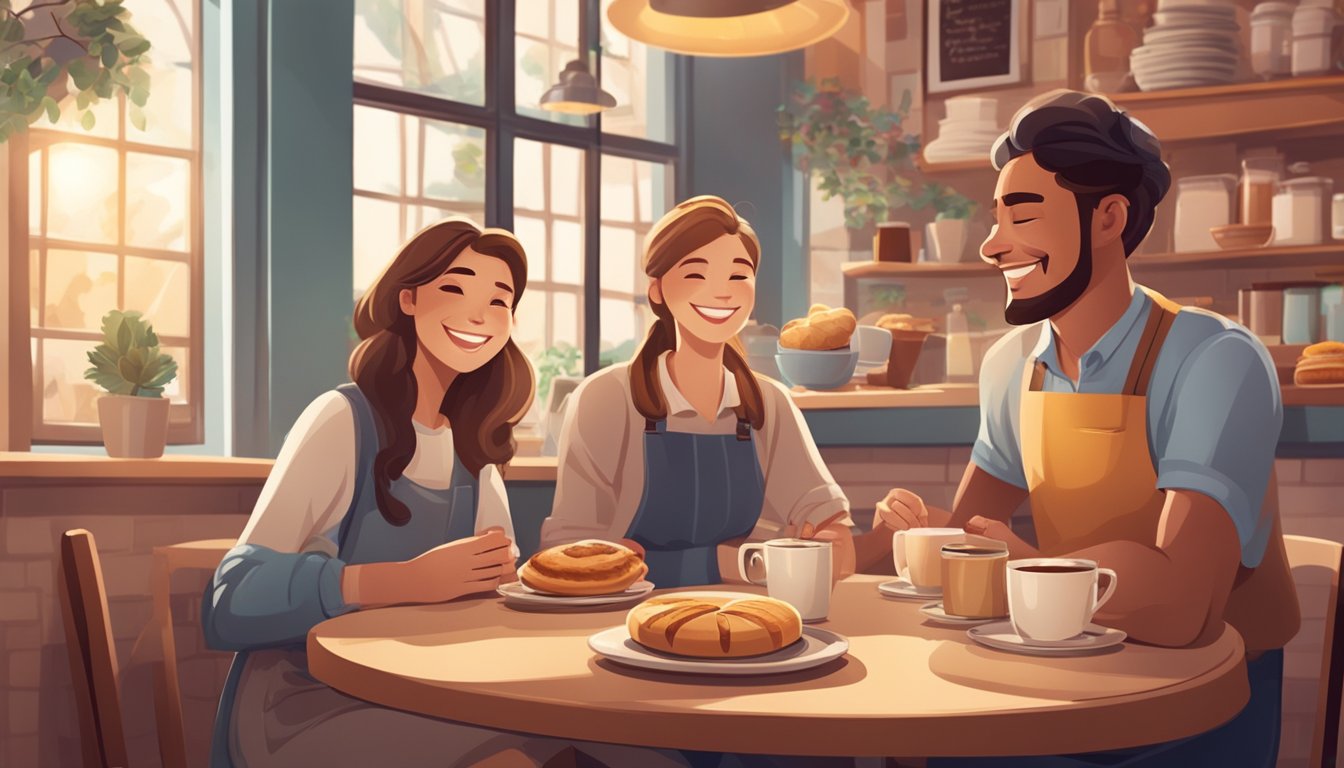 A cozy breakfast scene with a steaming cup of coffee, fresh pastries, and a warm, inviting atmosphere. A smiling server interacts with happy customers