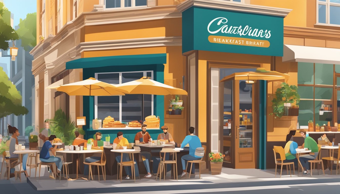 A bustling breakfast restaurant with a prominent logo on the storefront, surrounded by competing eateries with various marketing materials